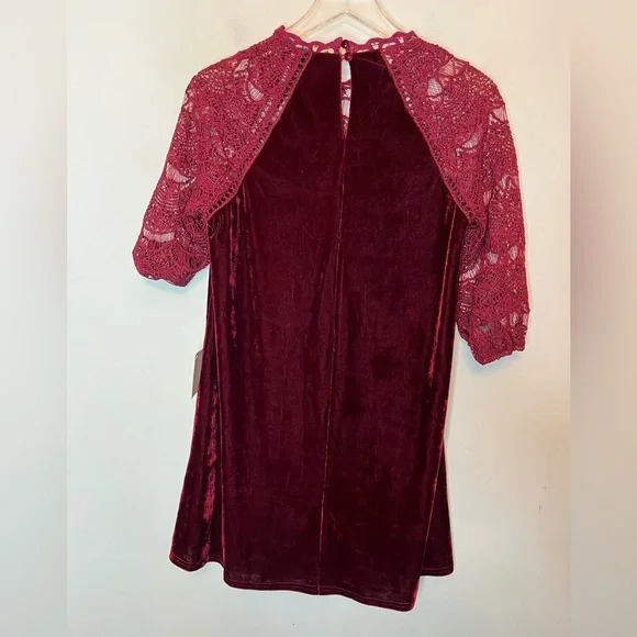 Lulu’s Love Me Always Burgundy Crocheted Lace Velvet Shift Dress - Picture 8 of 10